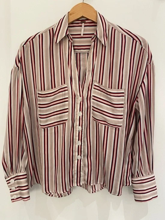 Free People ‘Mad About You’ Striped Button Down Blouse Fits Oversized XS - Picture 1 of 9
